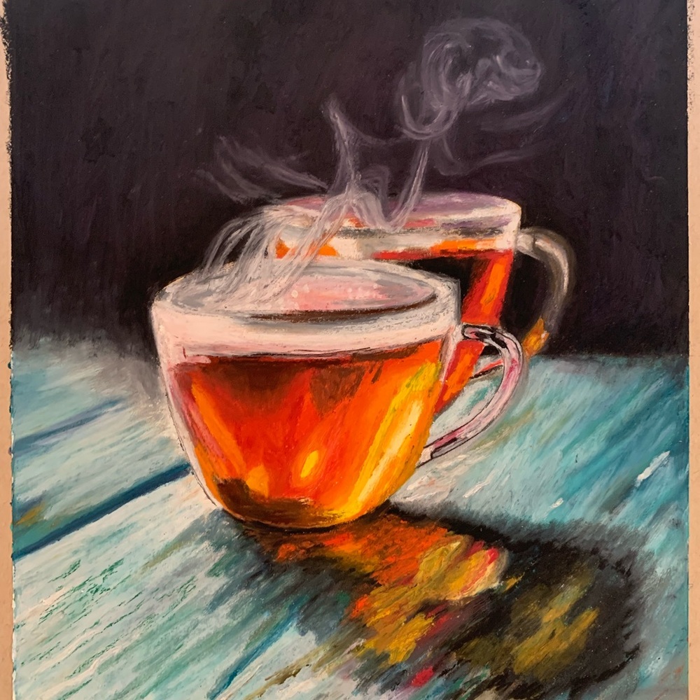 Tea Cups original oil pastel artwork